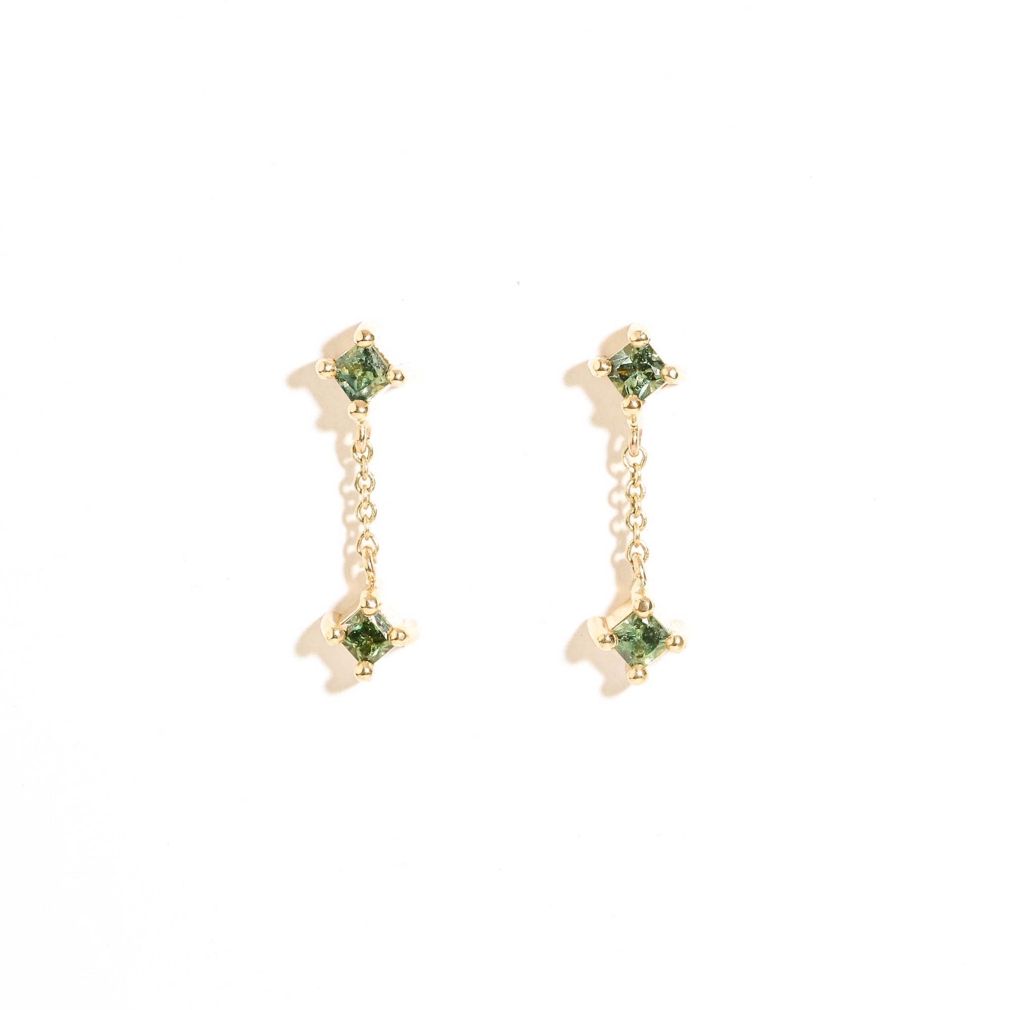 Princess Cut Green Sapphire Drop Earrings with 9 Carat Yellow Gold Chain