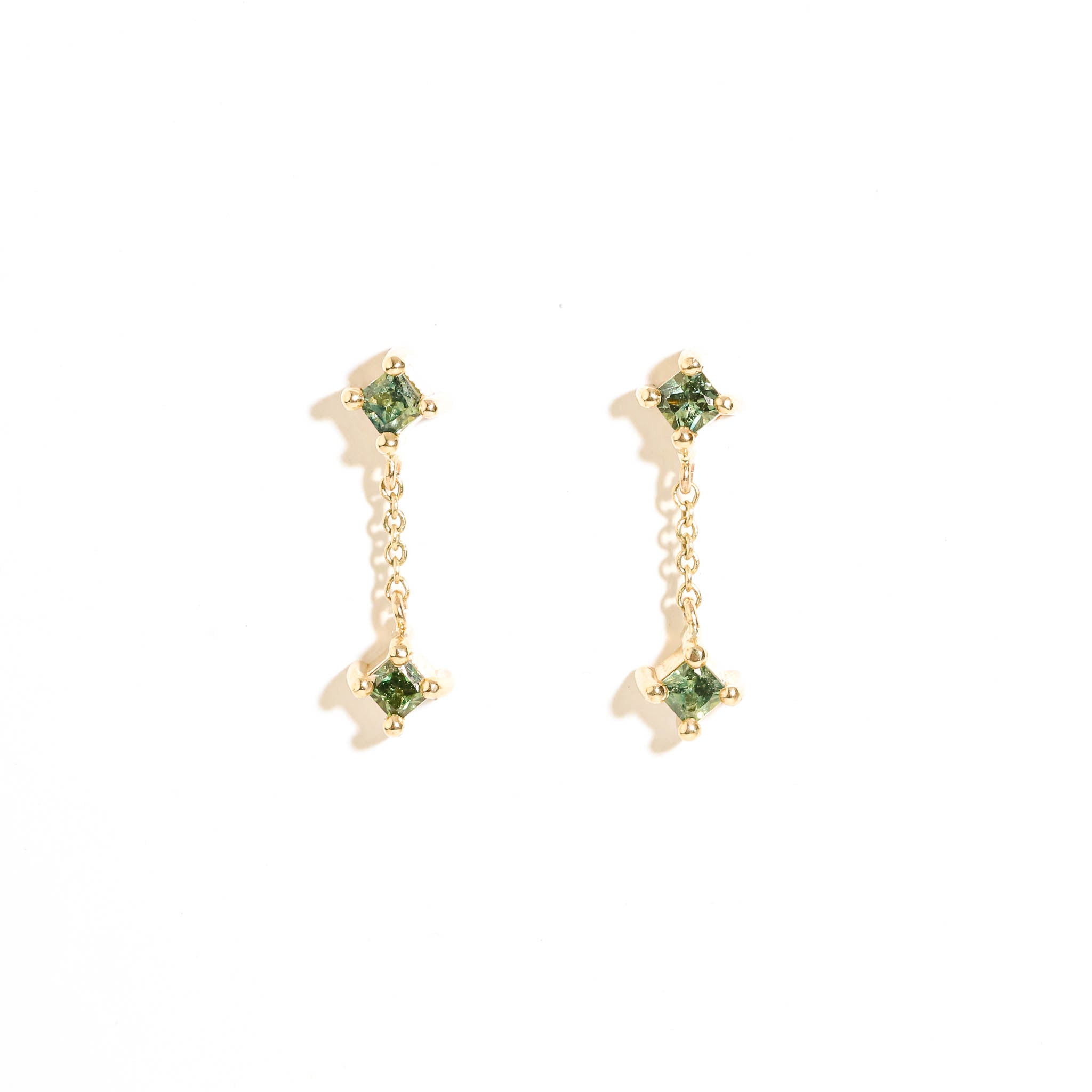 Princess Cut Green Sapphire Drop Earrings with 9 Carat Yellow Gold Chain