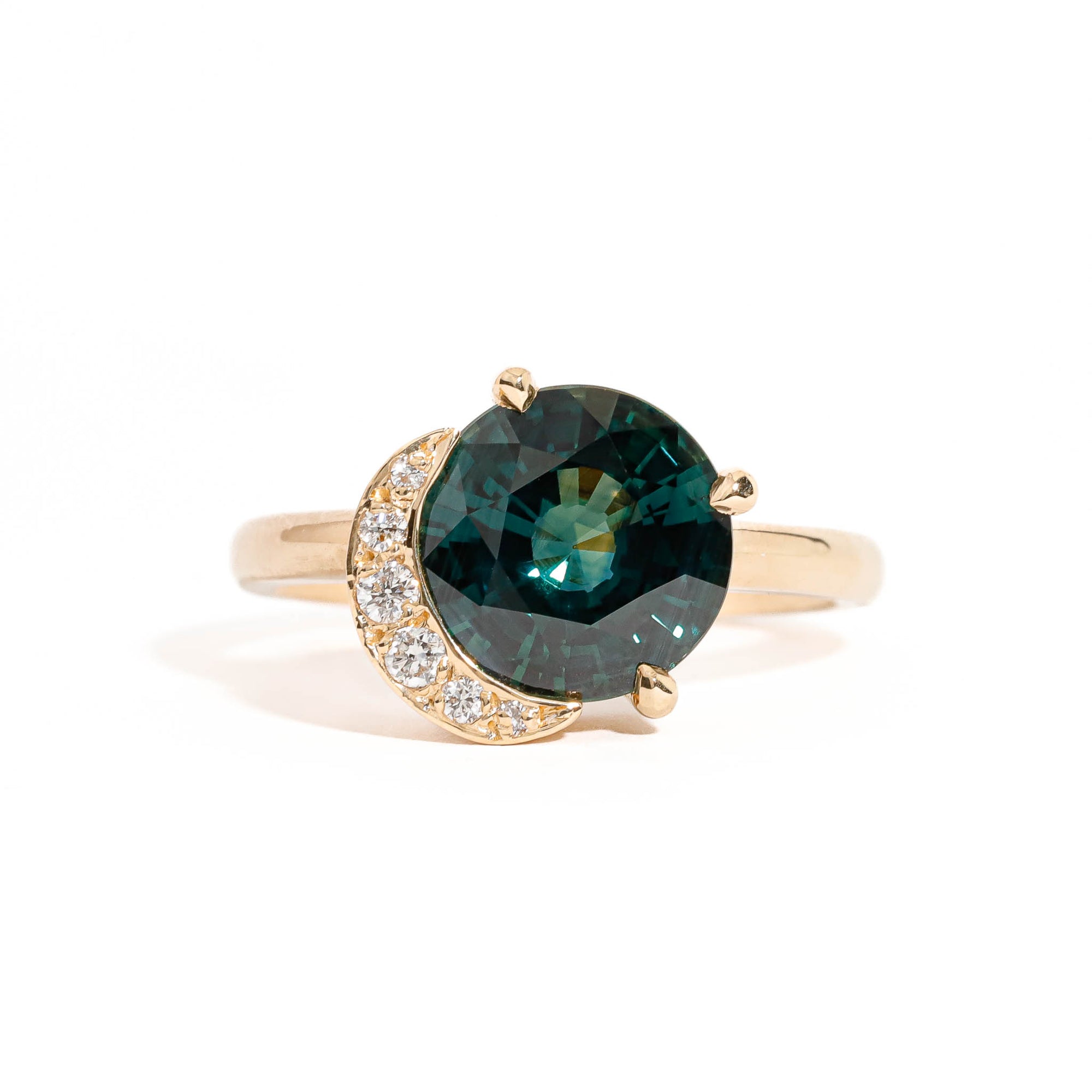  Round Brilliant Cut Teal Sapphire with Half Halo of White Diamonds in 18 Carat Yellow Gold