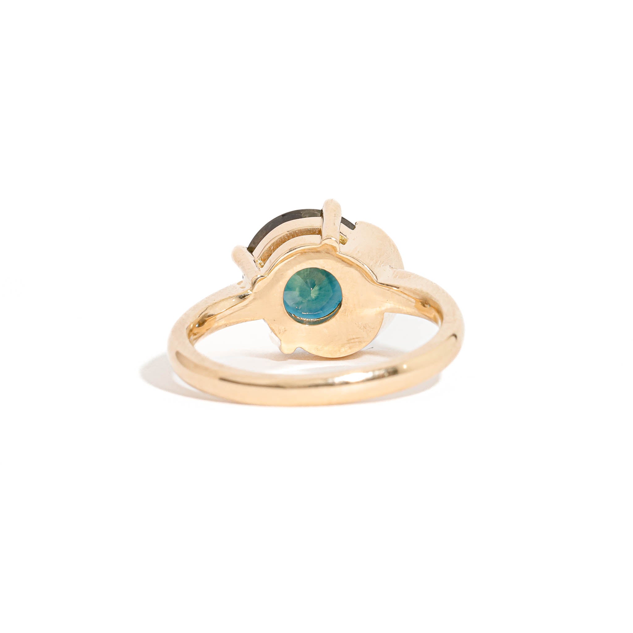 Round Brilliant Cut Teal Sapphire with Half Halo of White Diamonds in 18 Carat Yellow Gold