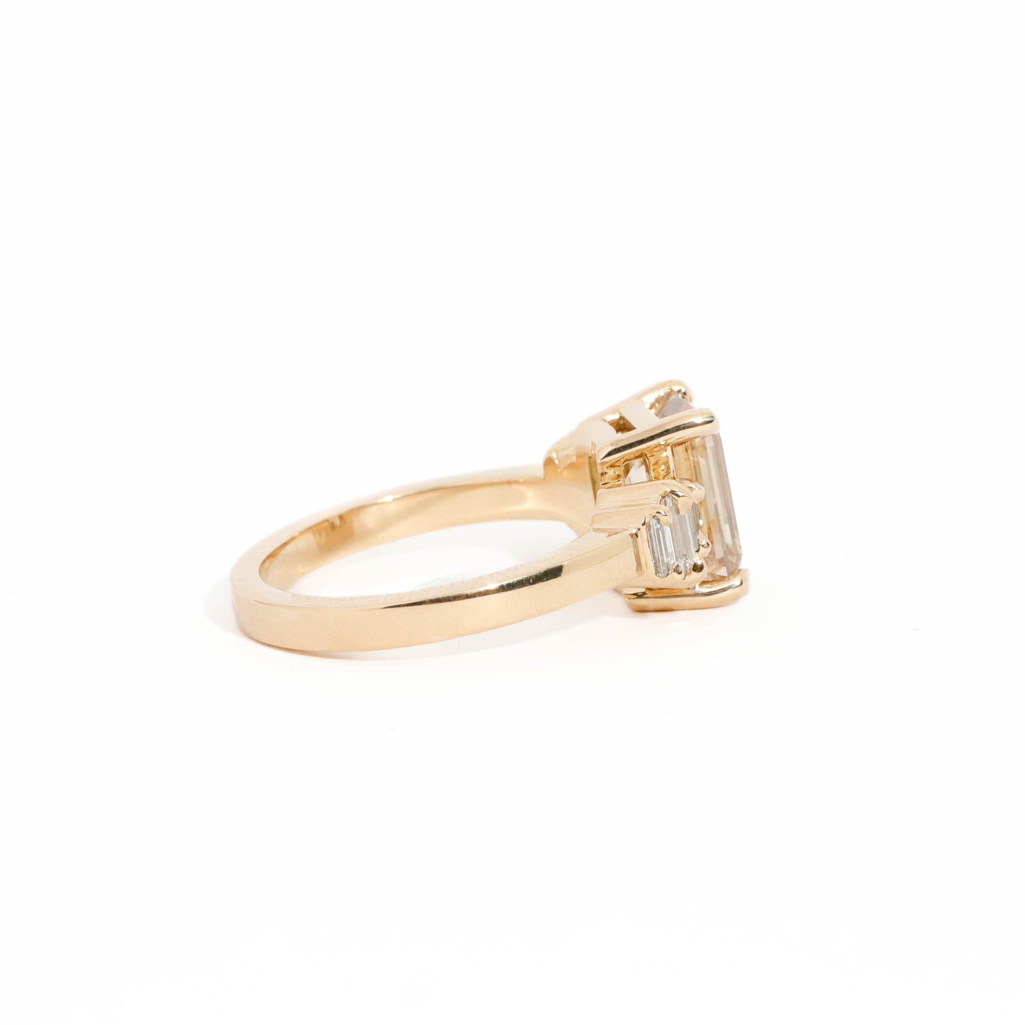 Emerald Cut Champagne Diamond Ring with a Diamond Band in 18 Carat Yellow Gold