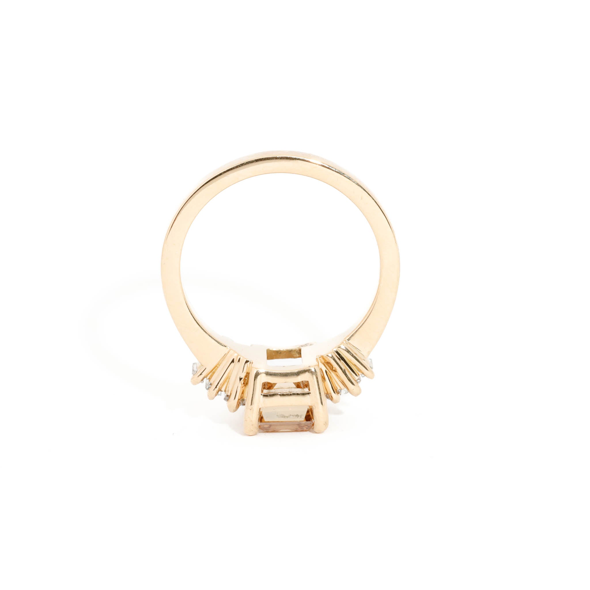 Emerald Cut Champagne Diamond Ring with a Diamond Band in 18 Carat Yellow Gold