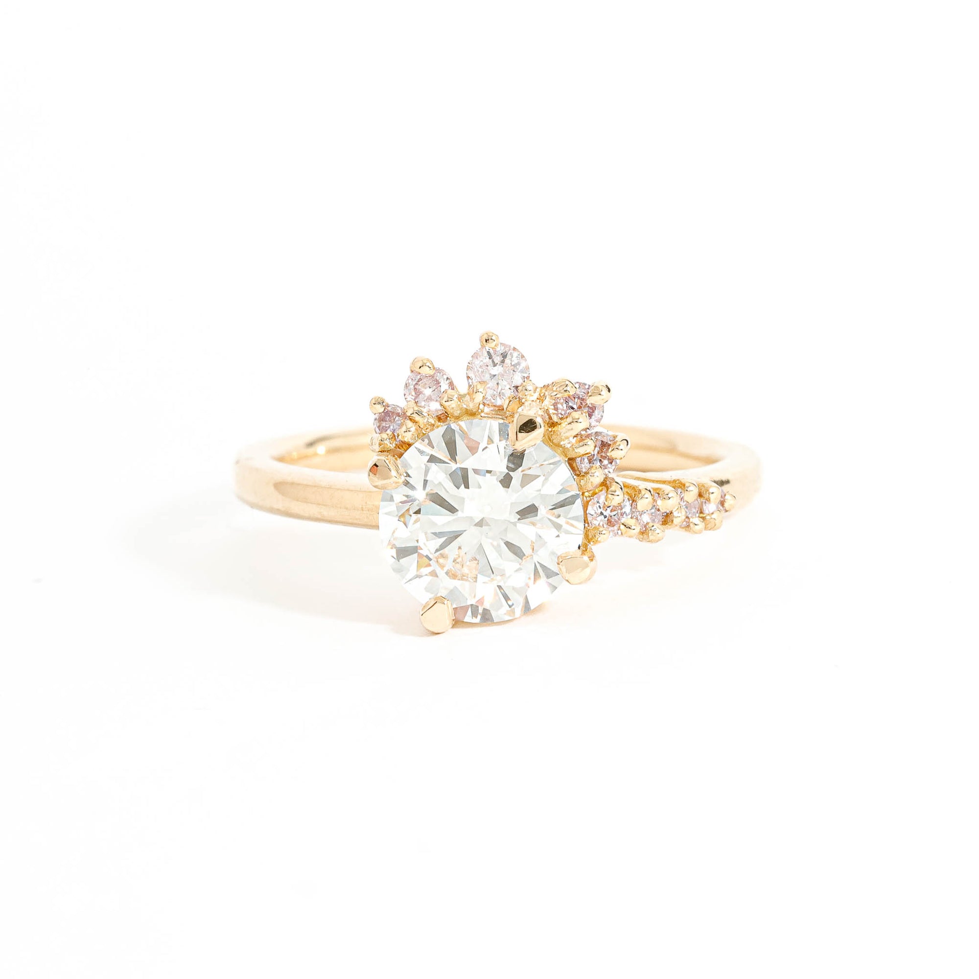 Round Brilliant Cut White and Pink Diamond Half Halo Ring in 18 Carat Yellow Gold Round Brilliant Cut White and Pink Diamond Half Halo Ring in 18 Carat Yellow Gold
