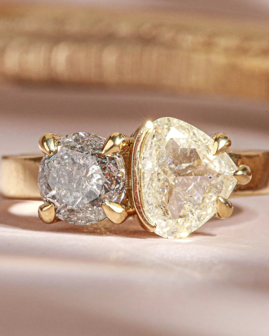 contemporary salt and pepper diamond toi et moi ring