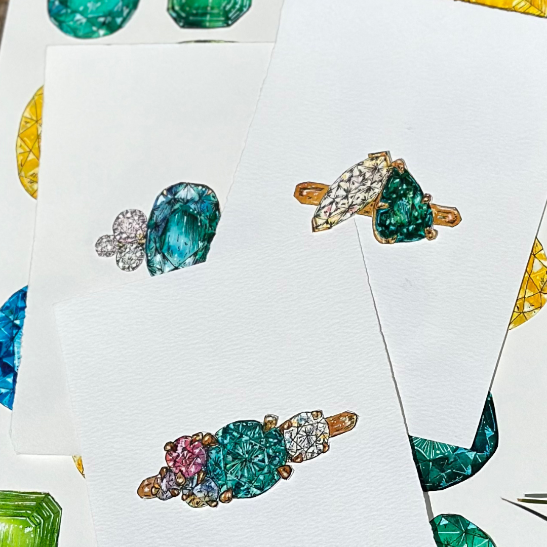 Watercolour drawings of Black Finch engagement rings