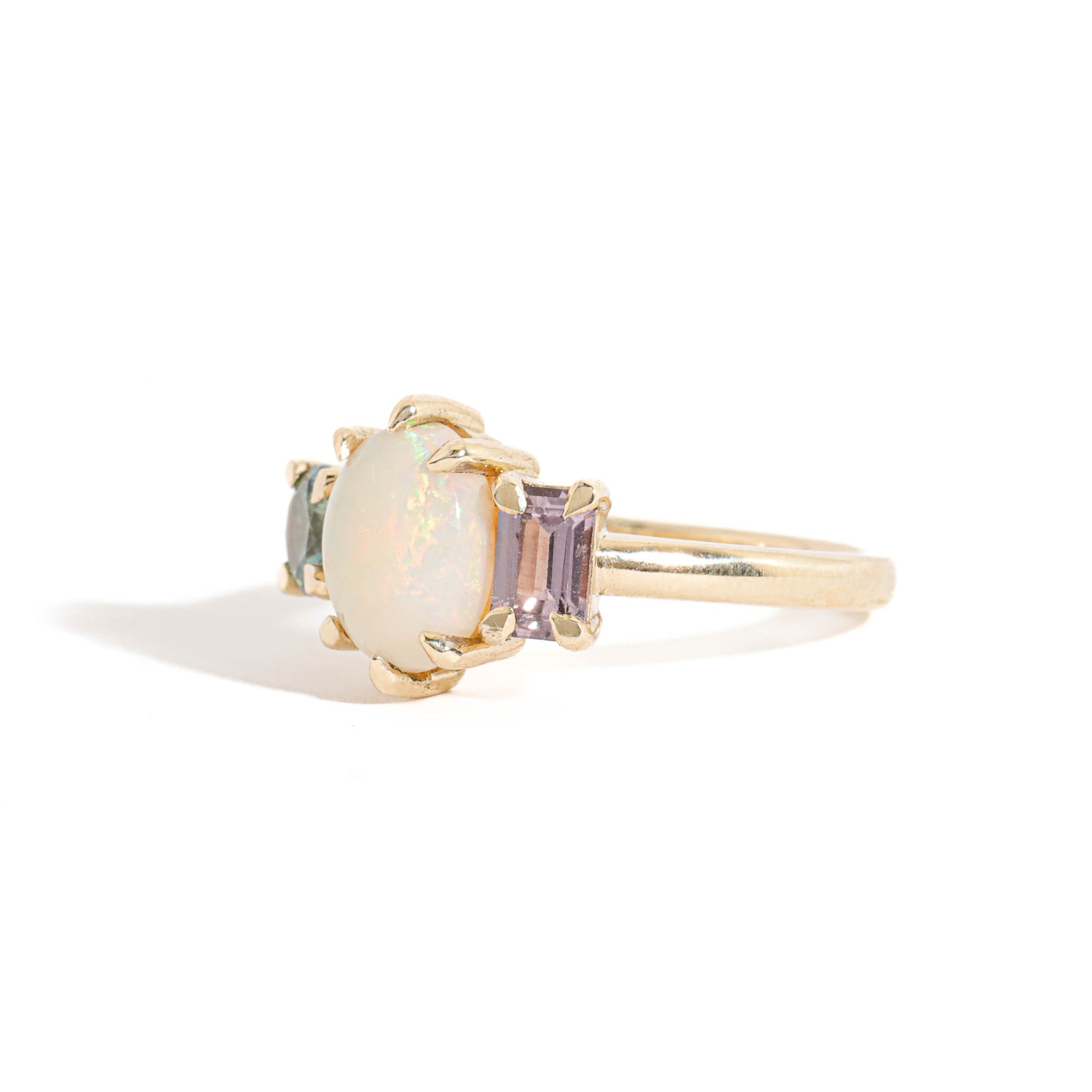 Opal and Sapphire Three Stone Sapphire Ring in 9 Carat Yellow Gold