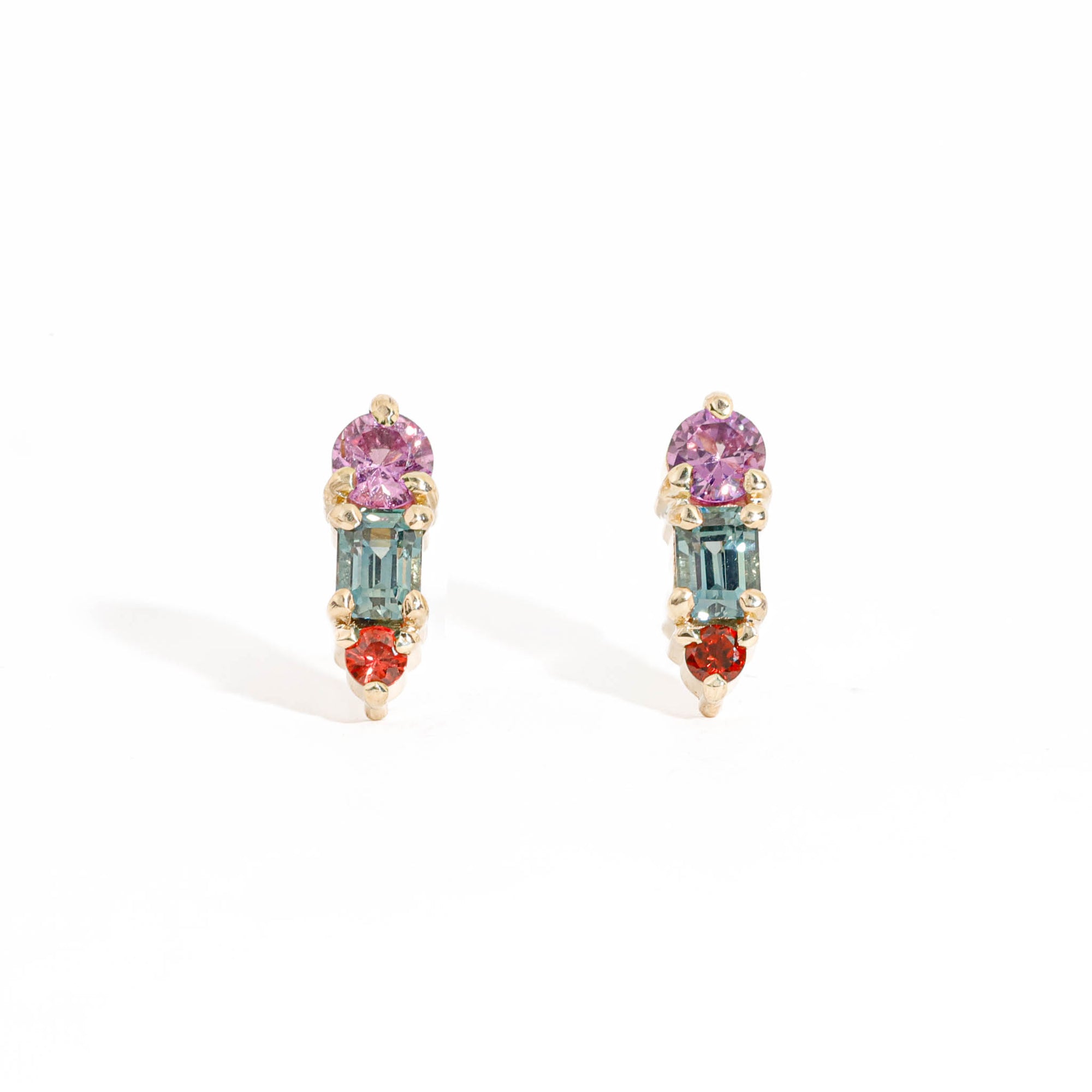  Round Cut Pink Sapphire, Round Cut Orange Sapphire and Emerald Cut Teal Sapphire Drop Earrings in 9 Carat Yellow Gold 
