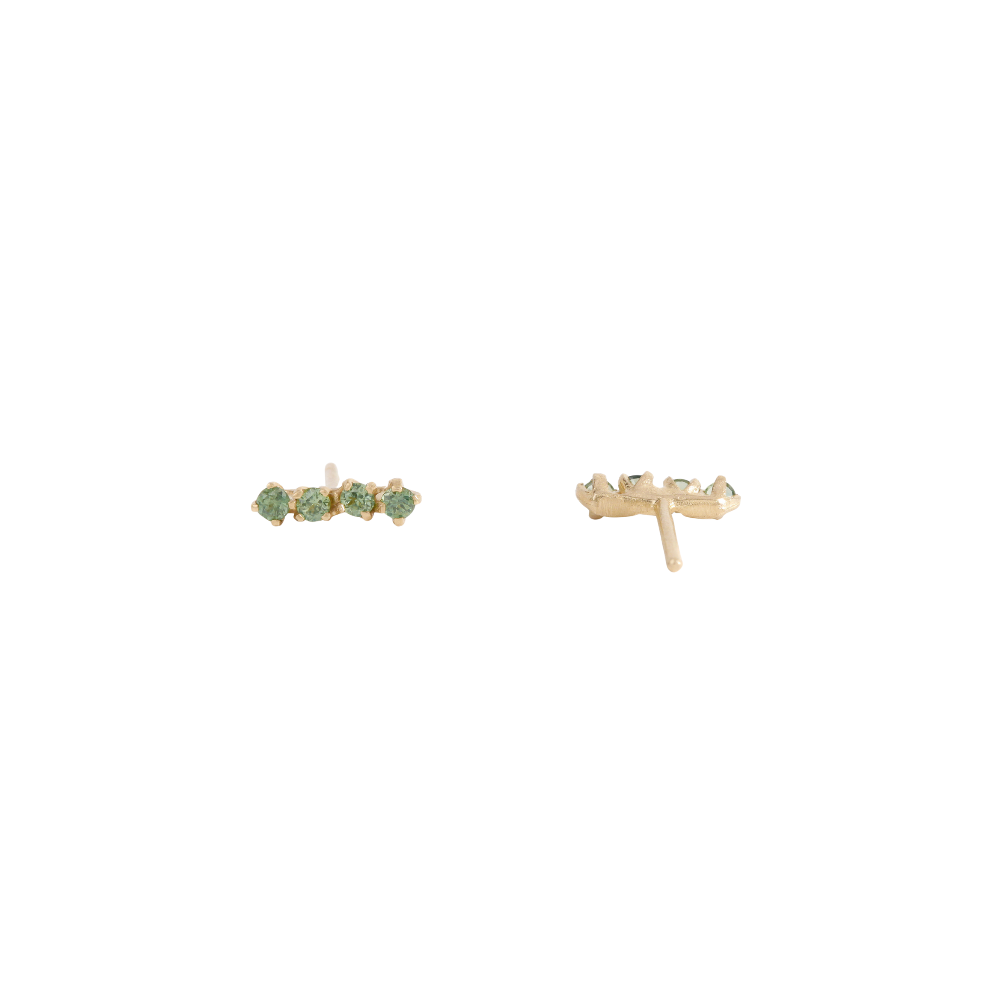 Gold earring studs with 4 small green sapphires