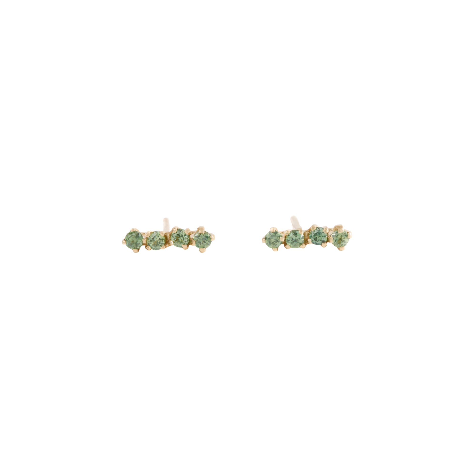 Pair of gold earrings with green gemstones on a white background