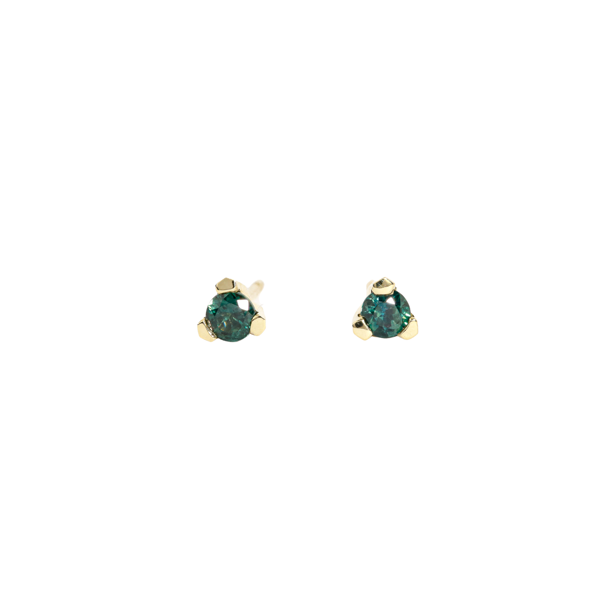Pair of green gemstone earrings with gold settings on a white background