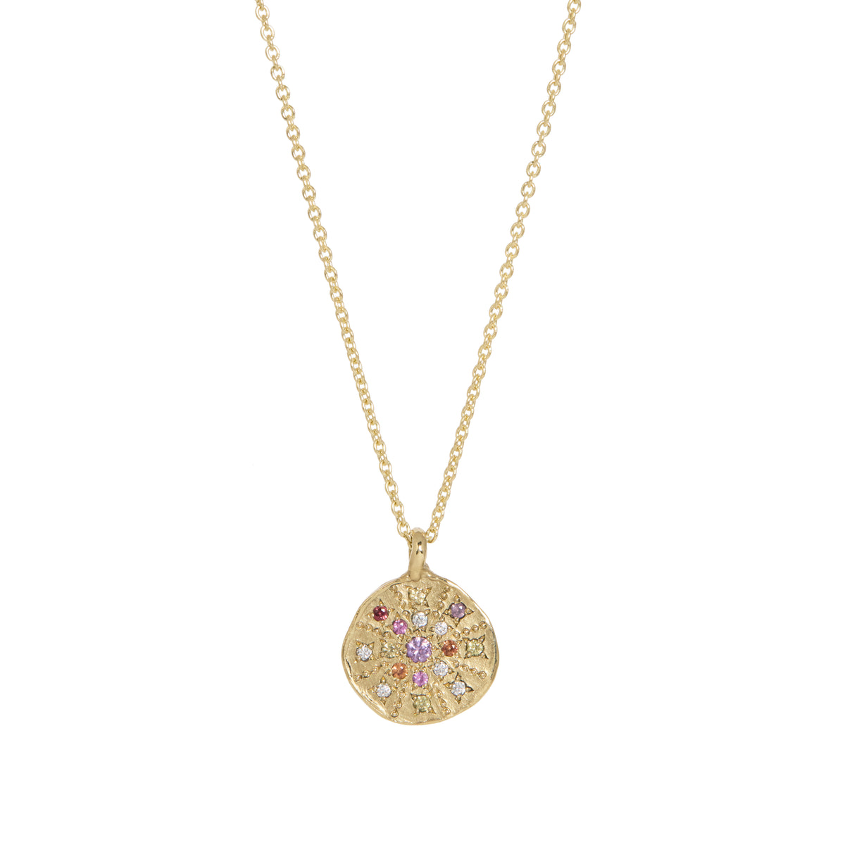 Sunburst Warm 16mm Pink, Orange & Yellow Australian Sapphire & White Diamond Pendant Necklace