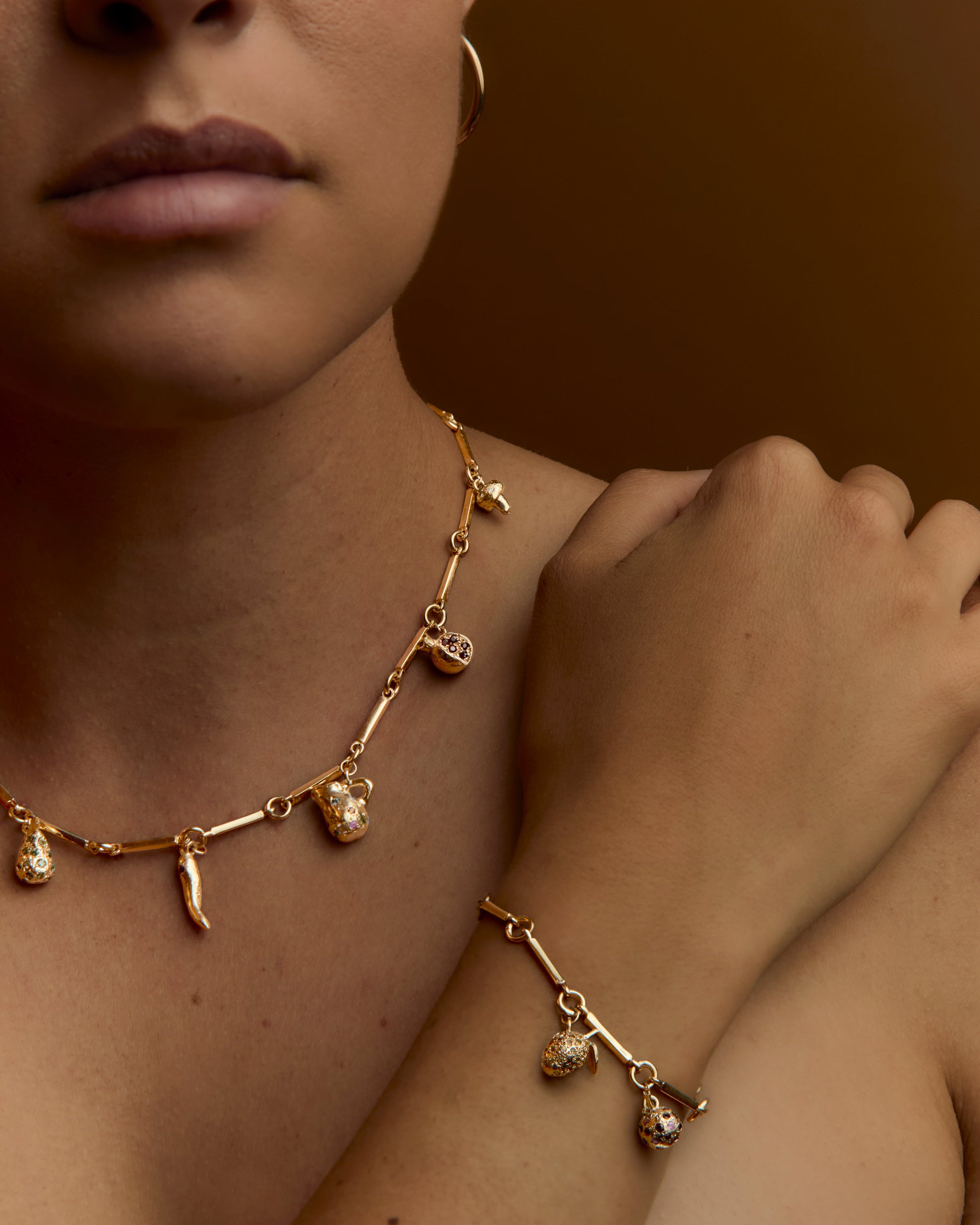 gold sapphire charm fruit chain