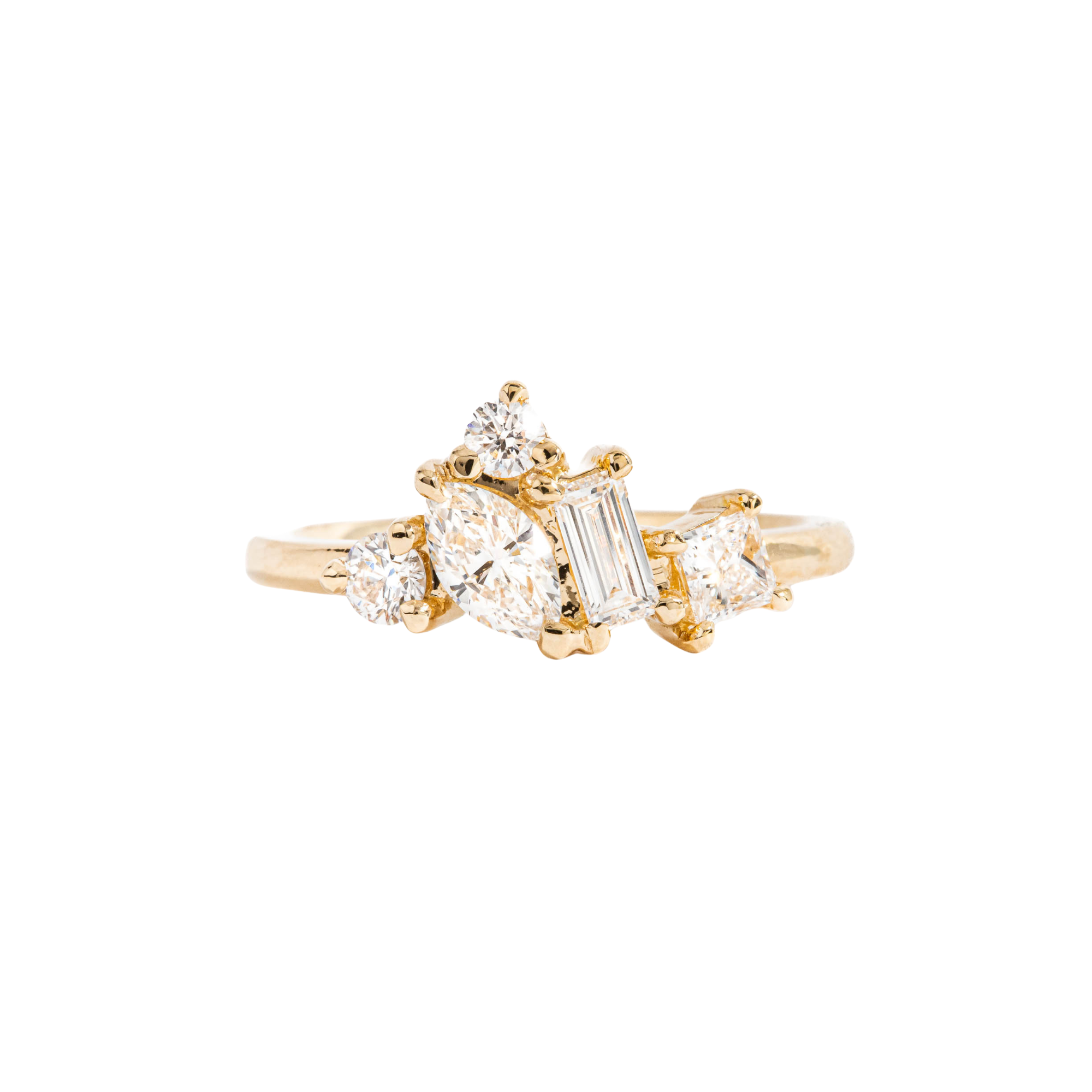 contemporary diamond cluster ring on yellow gold band