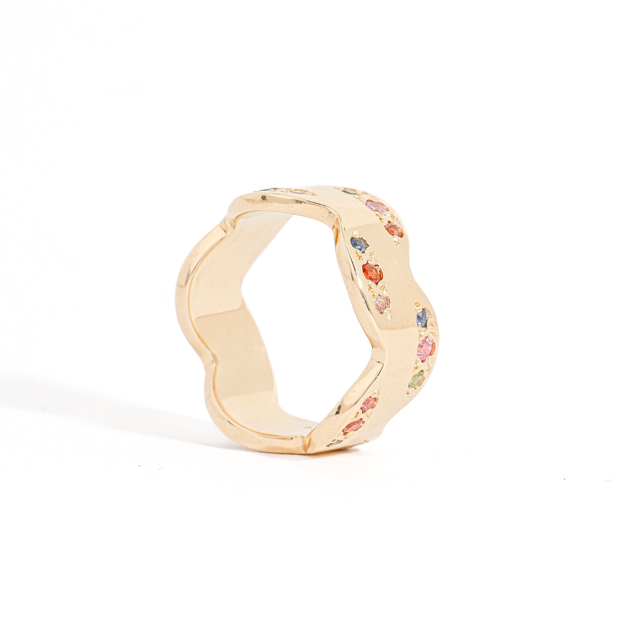 6mm yellow gold polished wavy band clusters mixed coloured sapphires