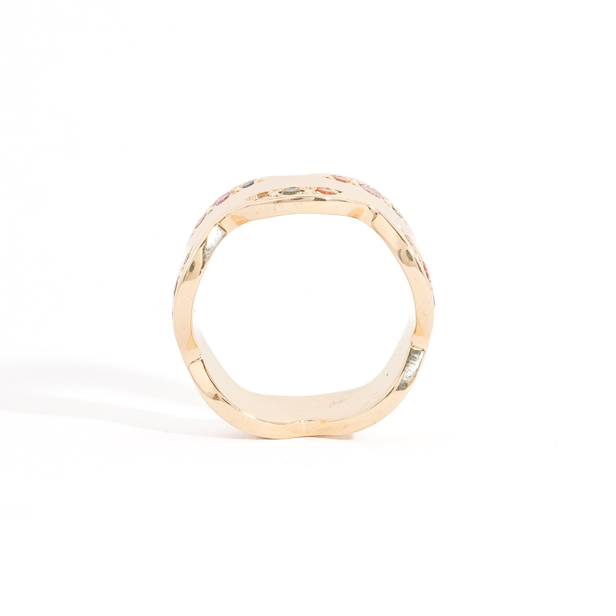 6mm yellow gold polished wavy band clusters mixed coloured sapphires