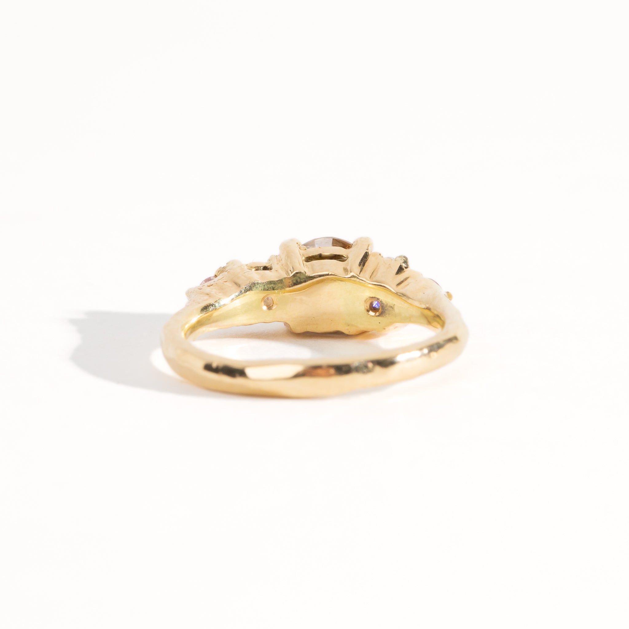 Handmade bespoke mixed size cognac, champagne, white and pink diamonds. Yellow recycled, refined gold Made in Melbourne by Black Finch Jewellery