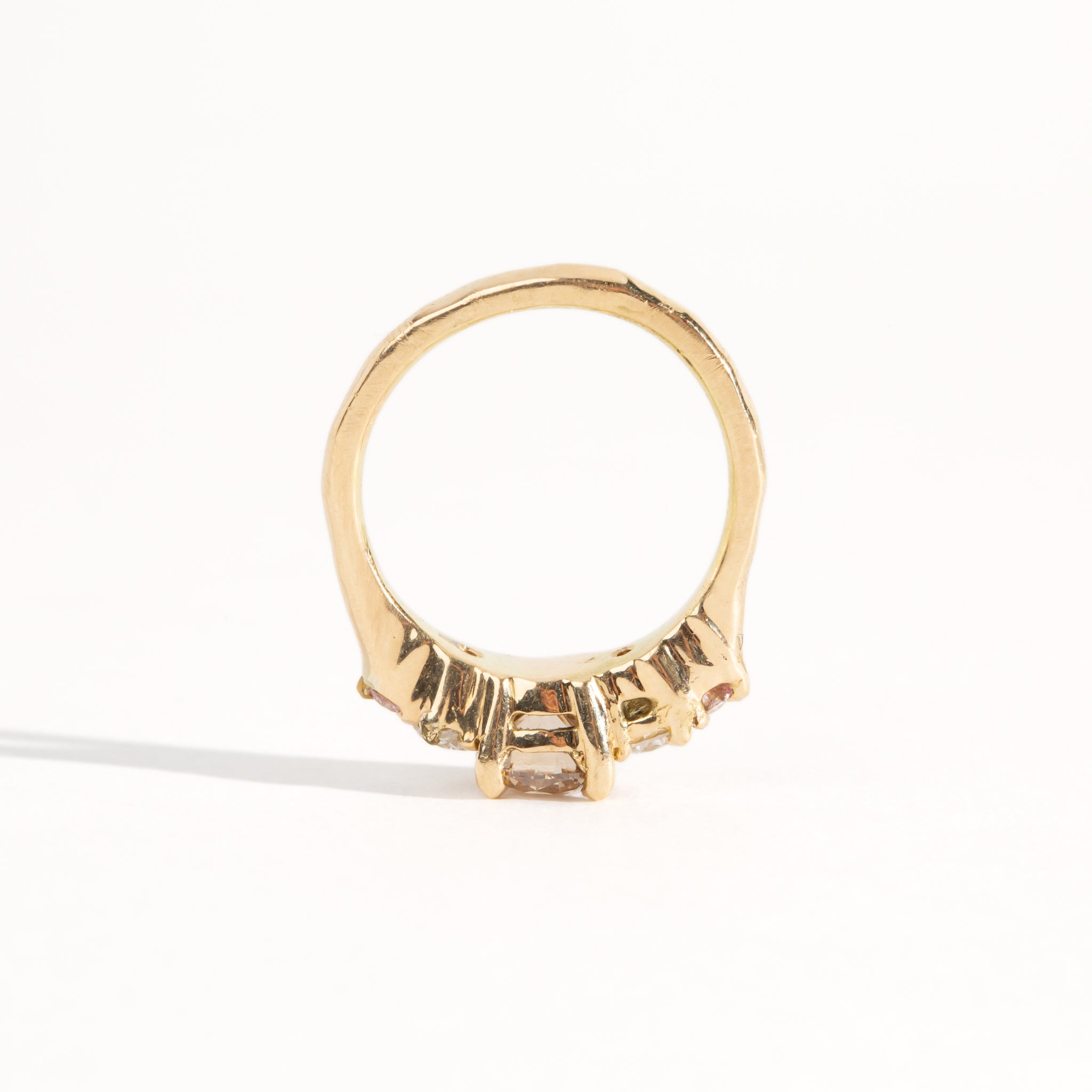 Handmade bespoke mixed size cognac, champagne, white and pink diamonds. Yellow recycled, refined gold Made in Melbourne by Black Finch Jewellery