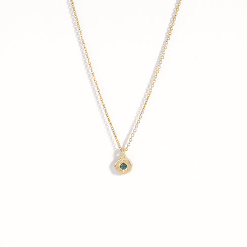 Dainty pendant crafted in 9ct yellow gold with recycled, refined gold. Featuring an ethically sourced Australian teal sapphire on an 9ct gold chain.