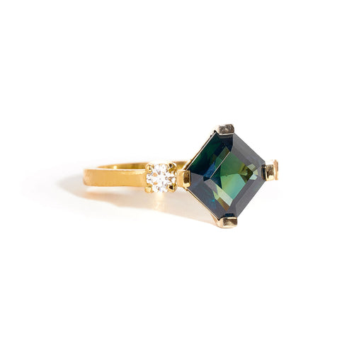 Asscher Cut Sapphire Ring with Diamonds  in 18ct Yellow Gold 
