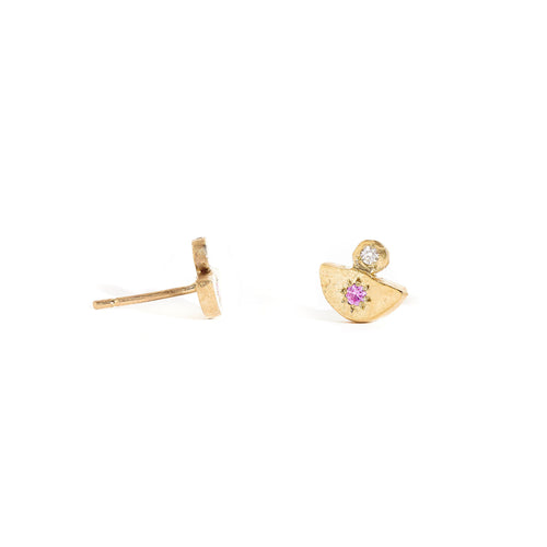 9 carat yellow gold earrings, each featuring a pink sapphire and white diamond.