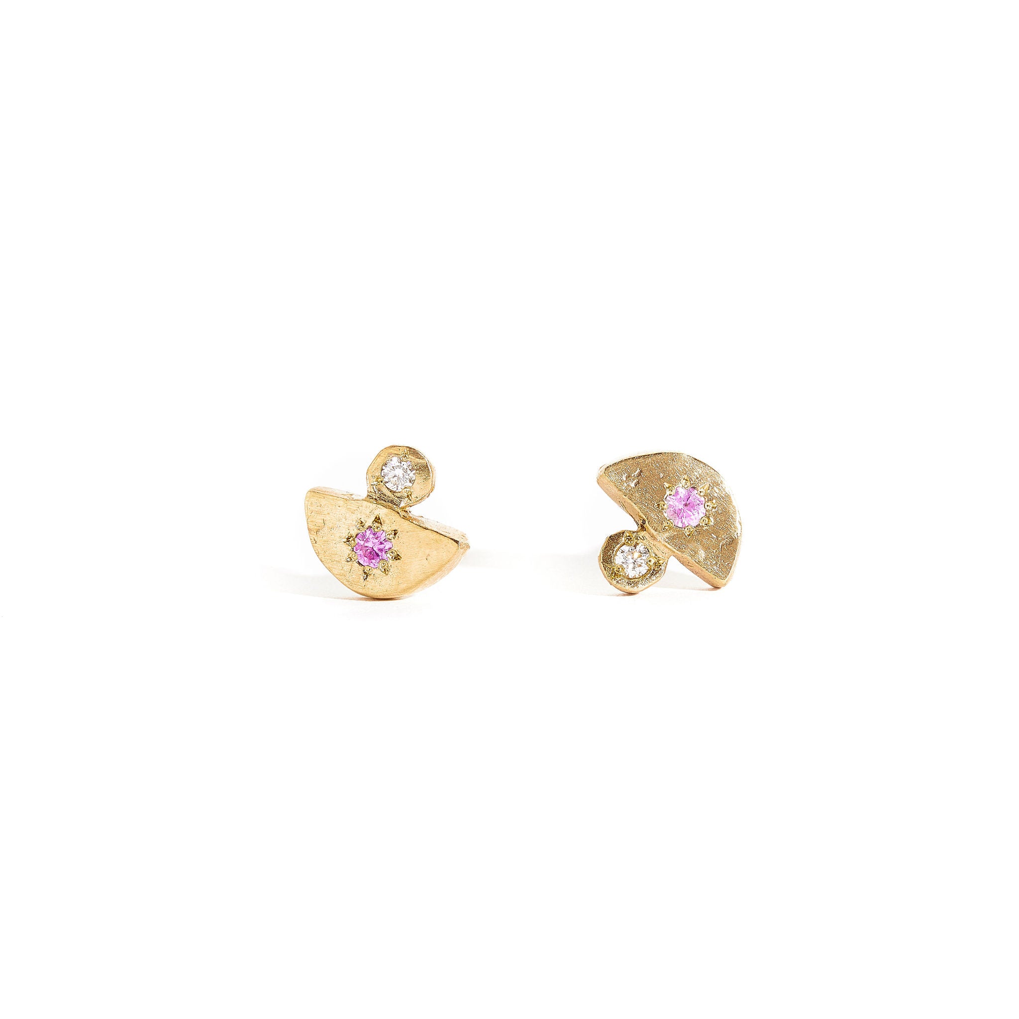 9 carat yellow gold earrings, each featuring a pink sapphire and white diamond.