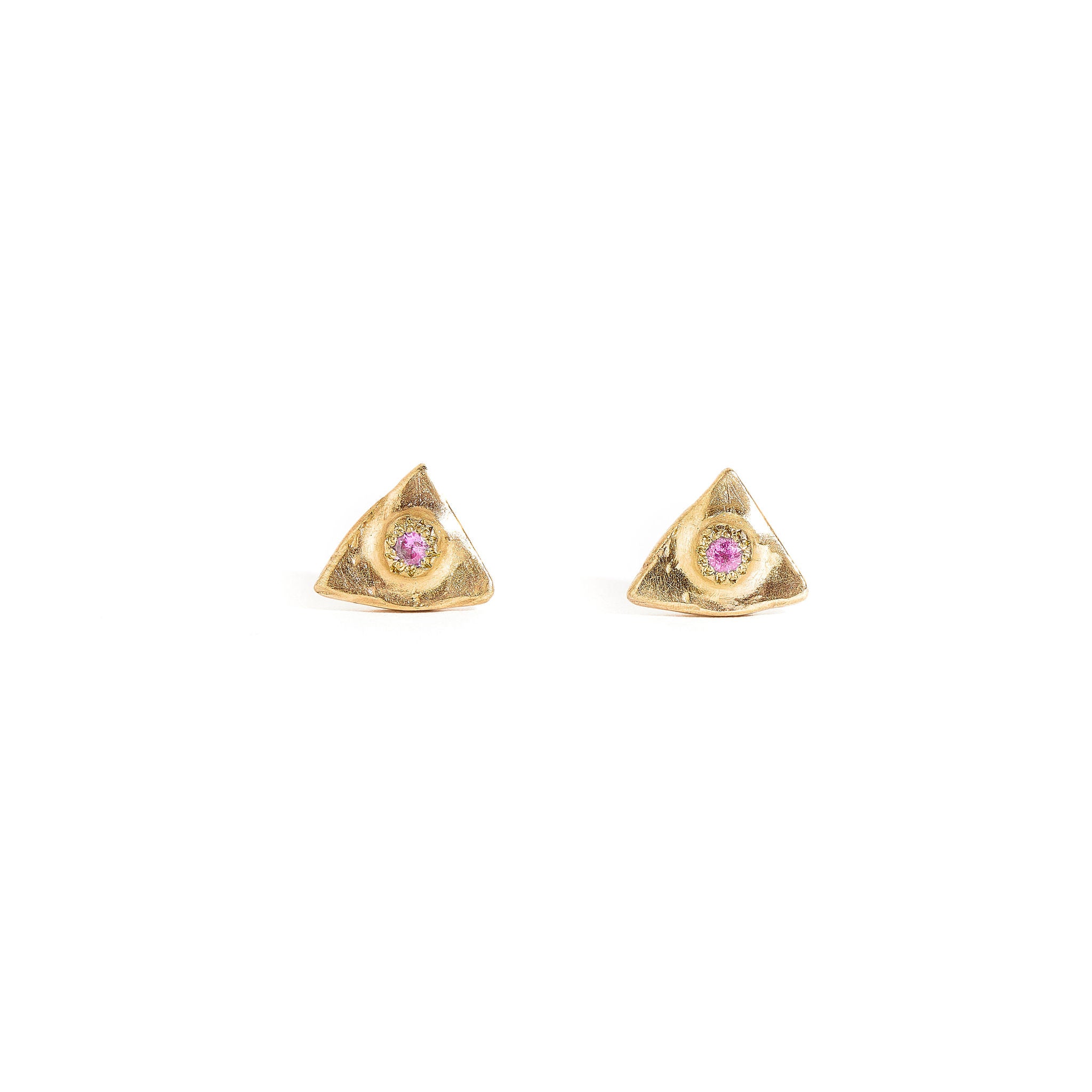 9 carat yellow gold studs set with a pink sapphire.
