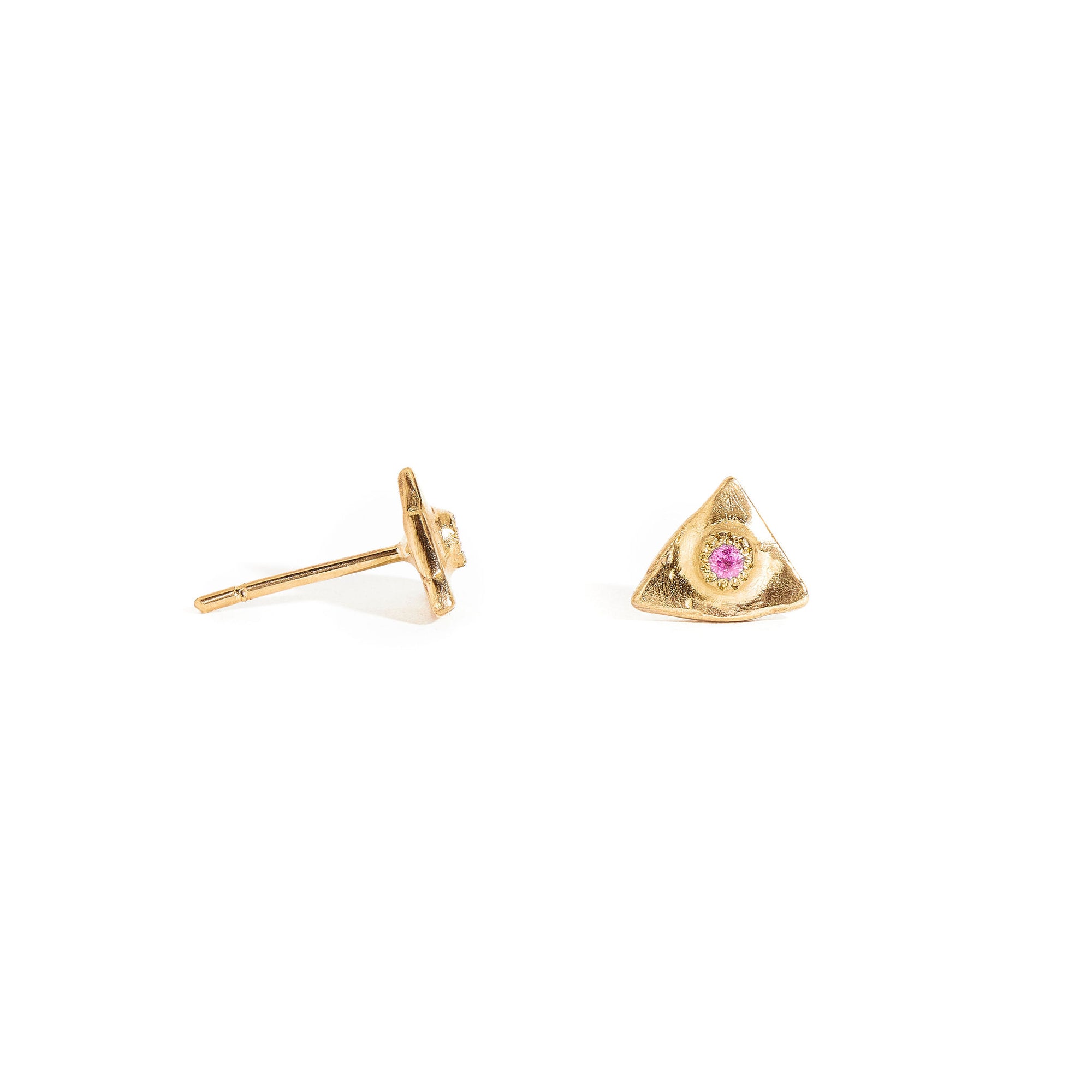 9 carat yellow gold studs set with a pink sapphire. 