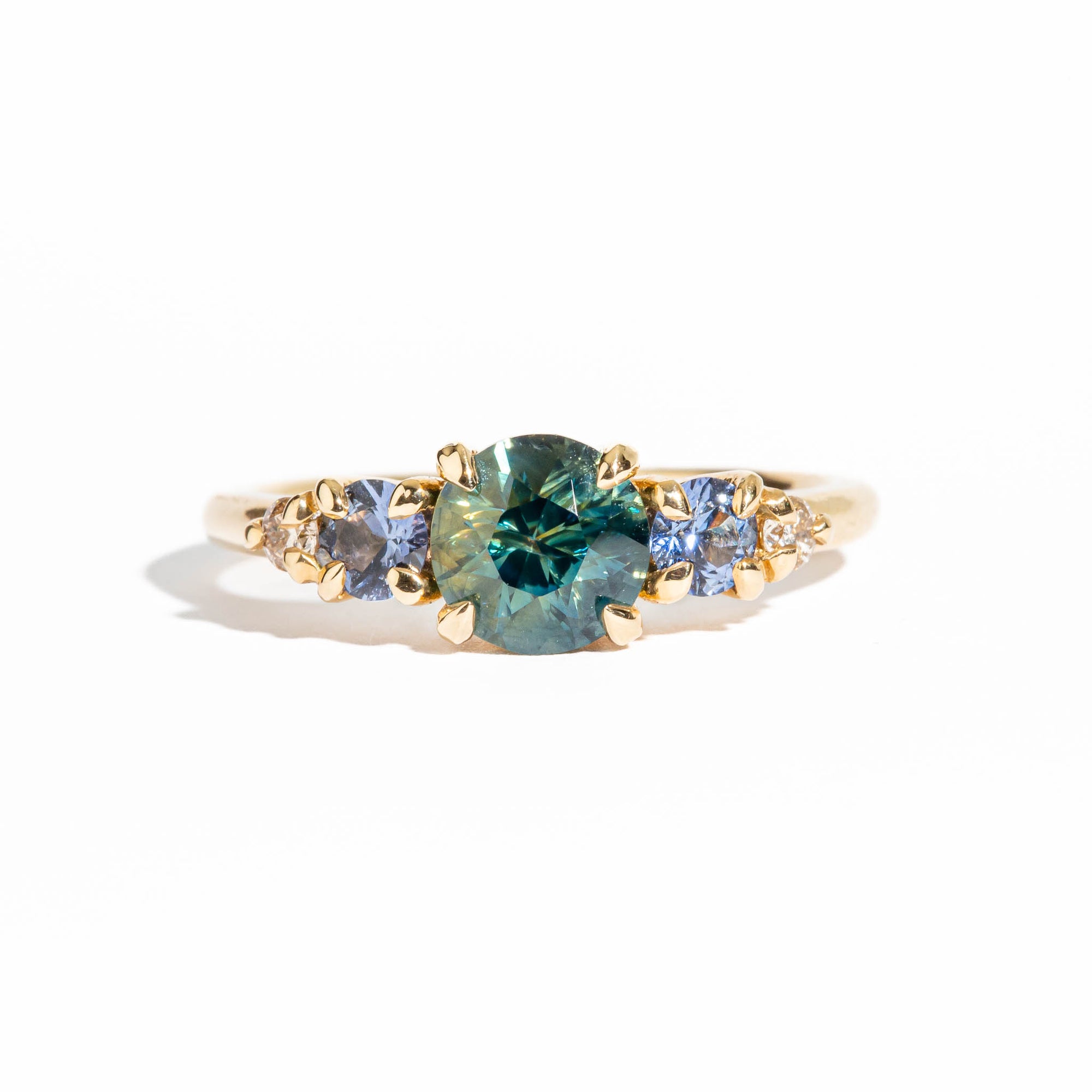 Midnight Sky Sapphire Ring | Five Stone Green and Lilac Sapphire Ring with Champagne Diamonds in 18 Carat Yellow Gold 