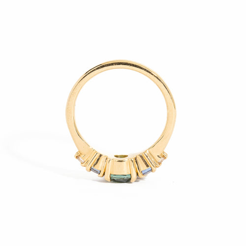 Midnight Sky Sapphire Ring | Five Stone Green and Lilac Sapphire Ring with Champagne Diamonds in 18 Carat Yellow Gold 