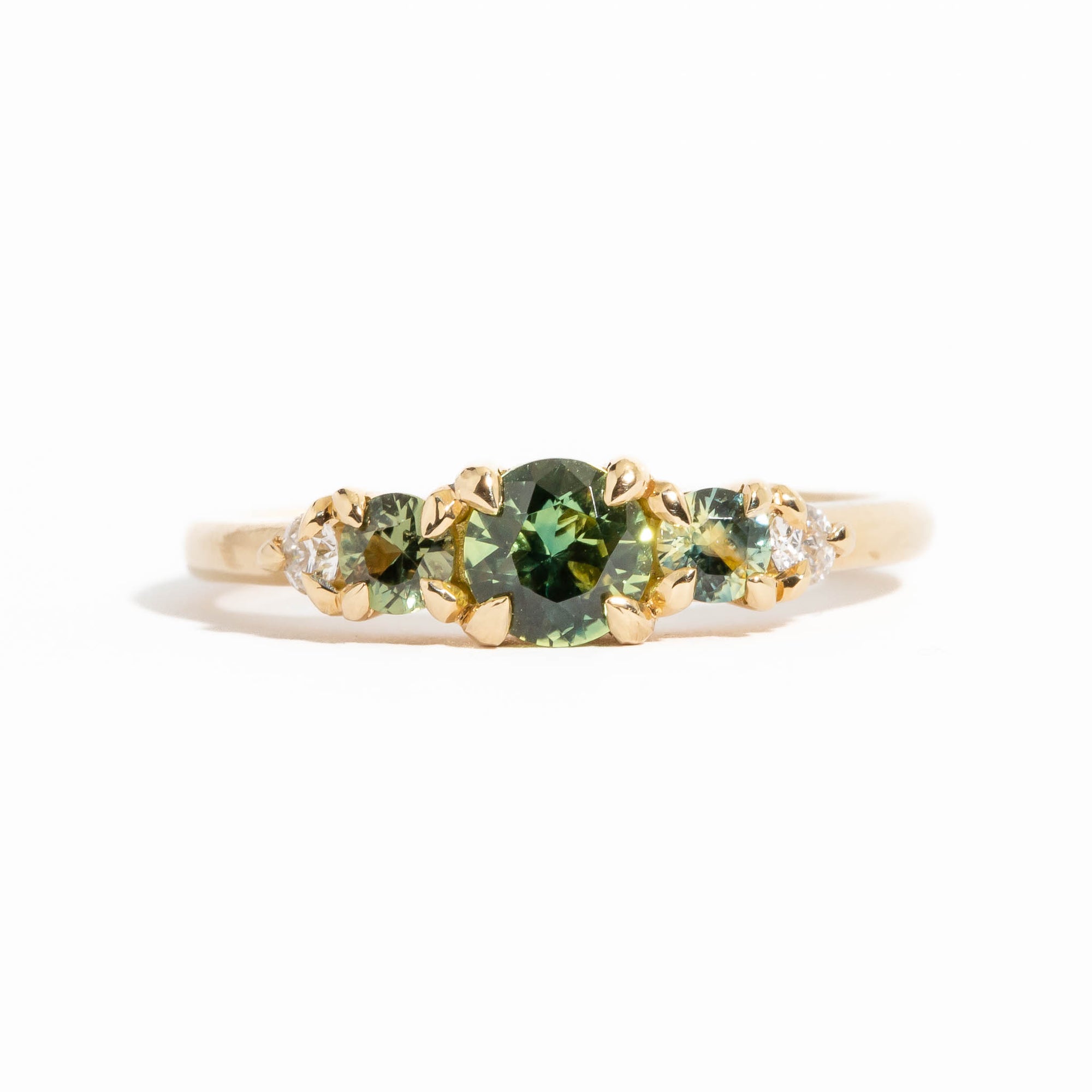 Five Stone Light Green Australian Sapphire Ring with Champagne Diamonds  in 18 Carat Rose Gold