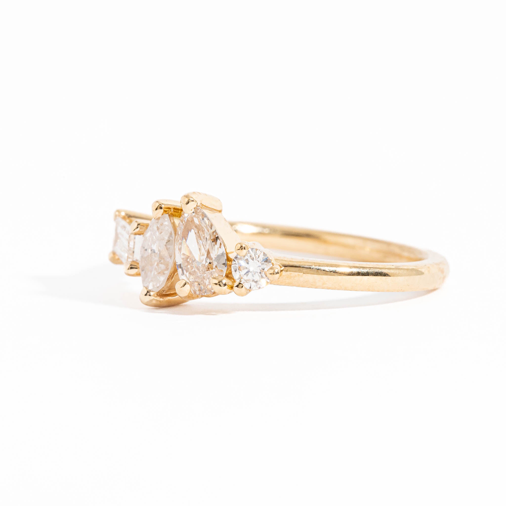Four Stone Pear Cut, Marquise Cut, Baguette Cut White Diamond Engagement Ring in 18 carat Yellow Gold