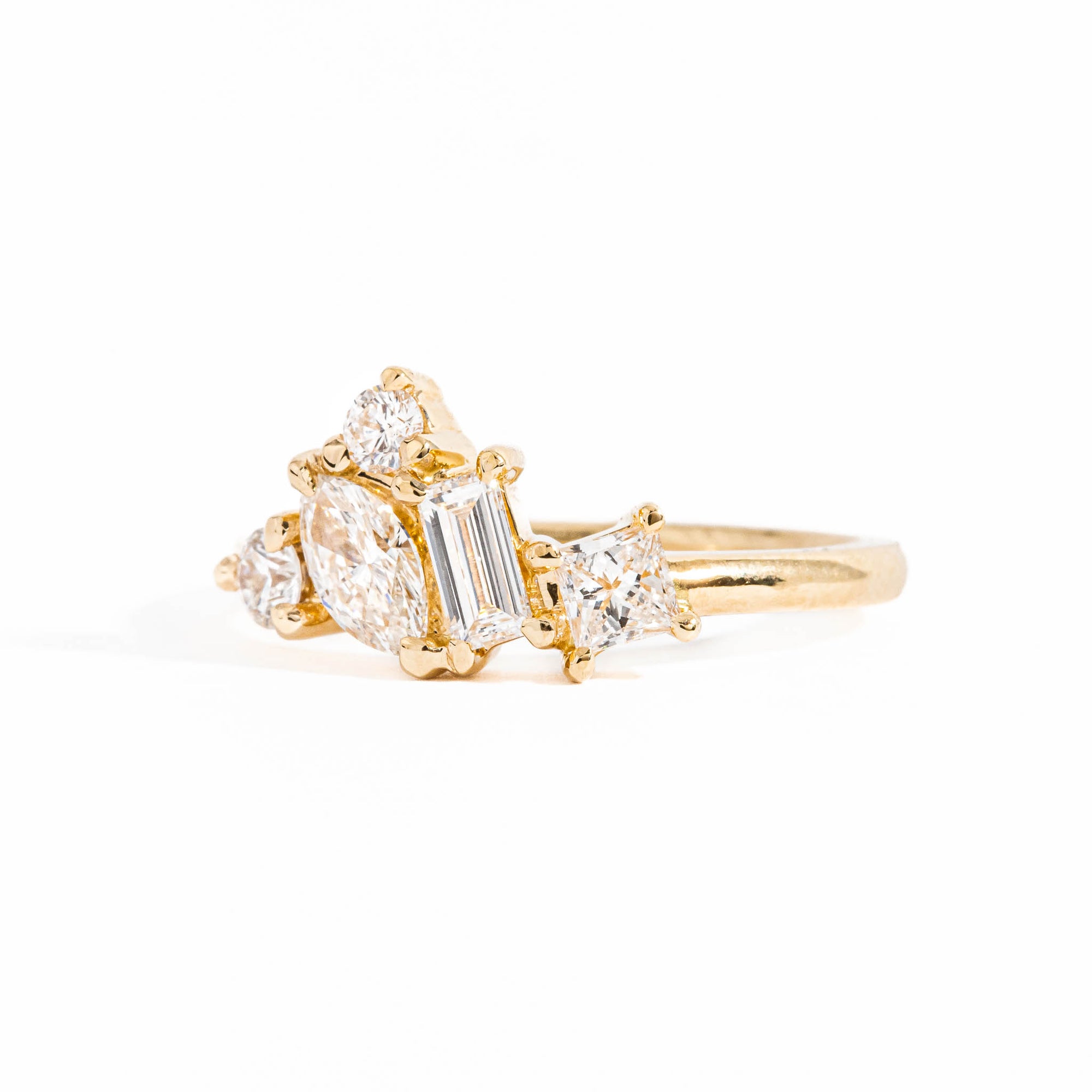 Five Stone Pear Cut, Baguette Cut and Princess Cut White Diamond Engagement Ring in 18 Carat Yellow Gold