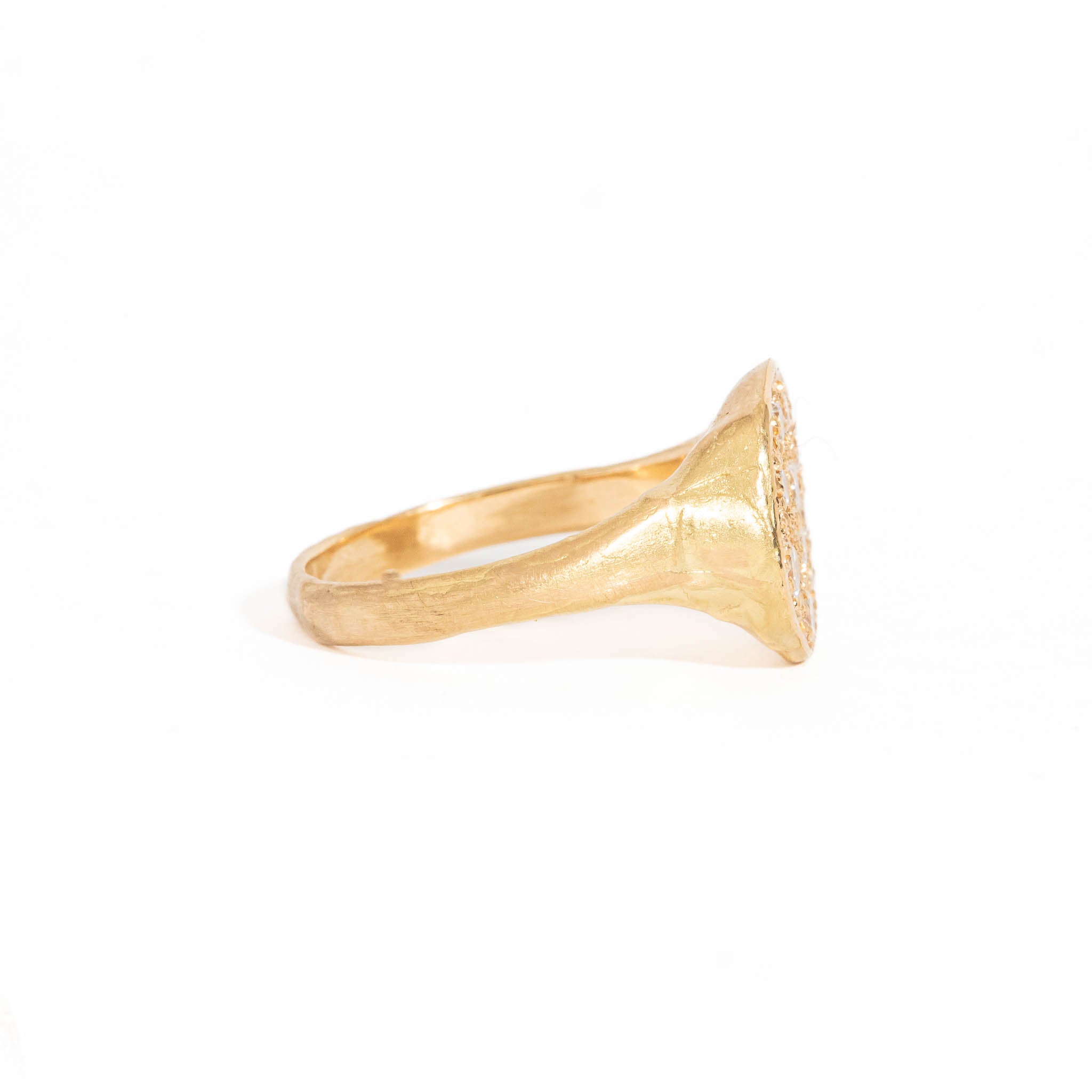 Round Signet Ring wth Pave Set White Diamond in 18 Carat Yellow Gold