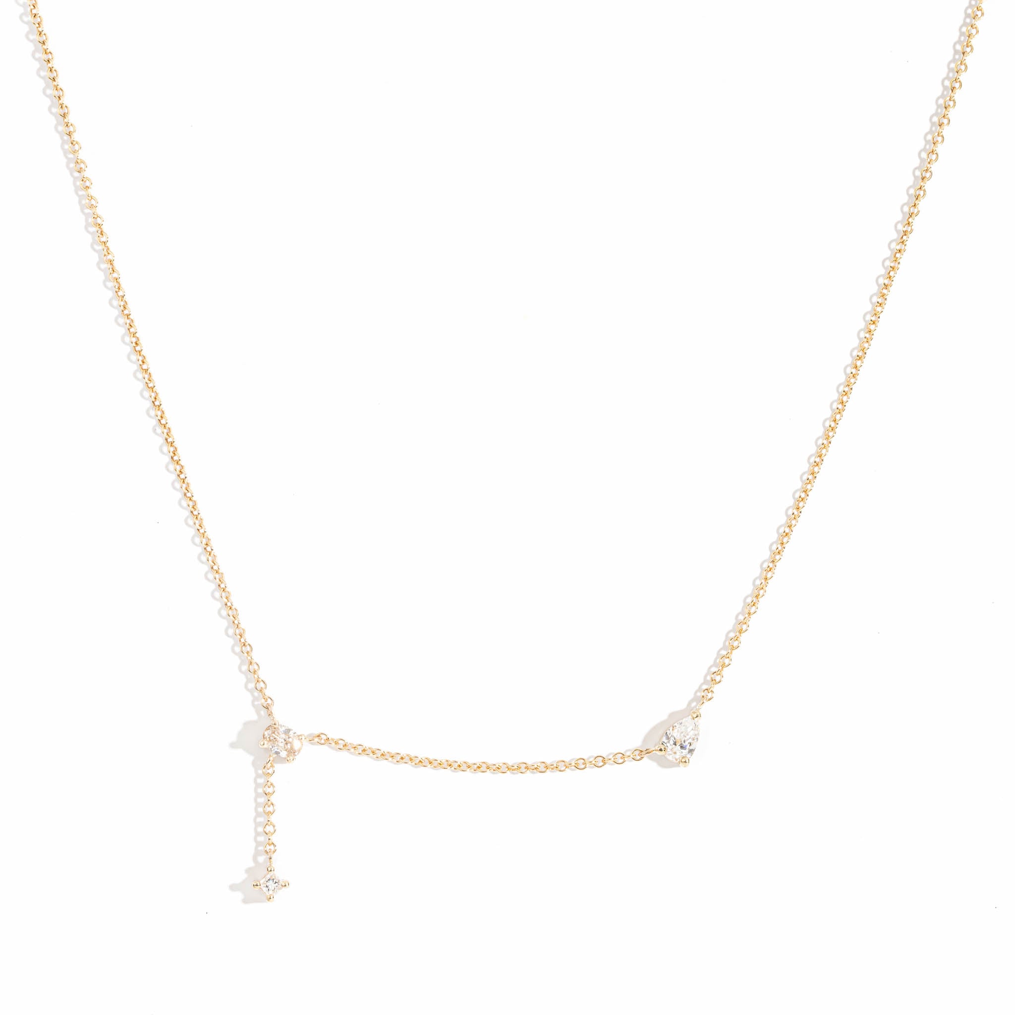 Three Stone Princess Cut, Oval Cut and Pear Cut White Diamond Necklace
