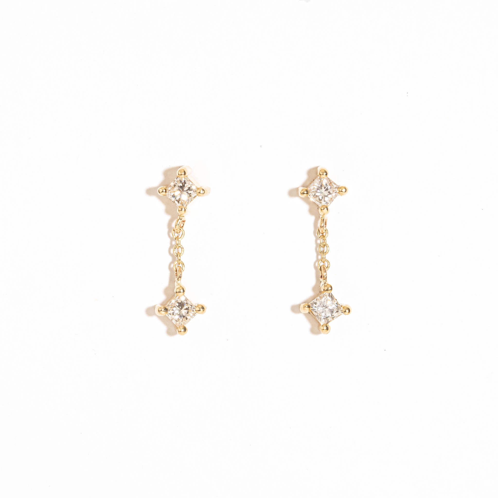 Princess Cut Diamond Drop Earrings with 9 Carat Yellow Gold Chain