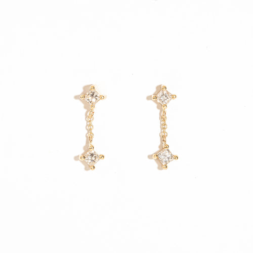 Princess Cut Diamond Drop Earrings with 9 Carat Yellow Gold Chain