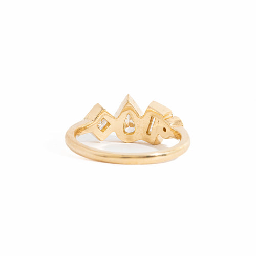 Four Stone Pear Cut, Baguette Cut and Princess Cut Bezel Set Diamond Engagement Ring in 18 Carat Yellow Gold 