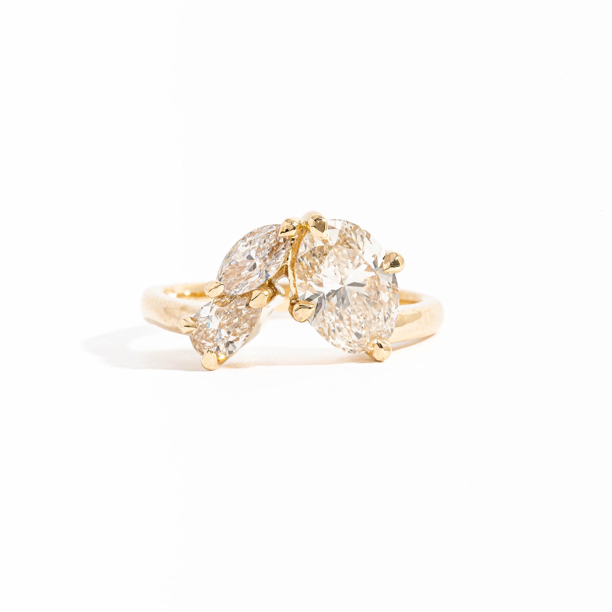Three Stone Oval Cut, Pear Cut and Marquise Cut Diamond Ring in 18 Carat Yellow Gold