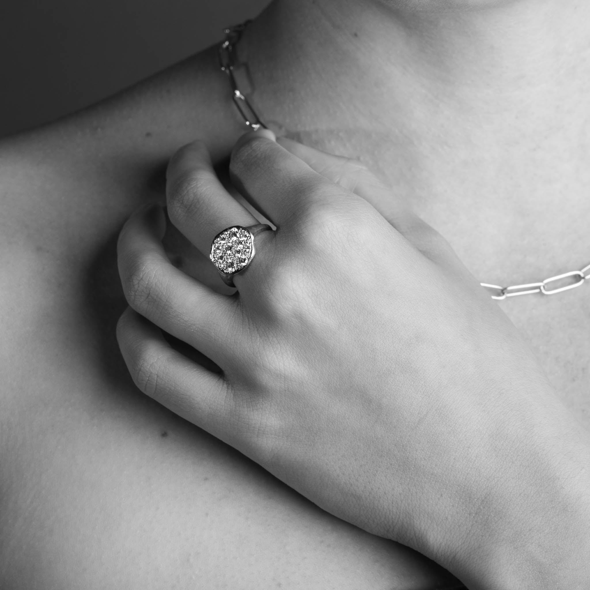 Round Signet Ring wth Pave Set White Diamond in 18 Carat Yellow Gold worn on the hand