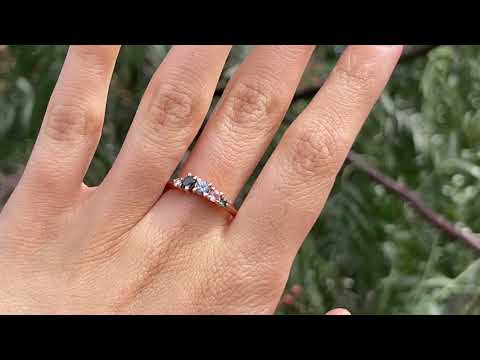 18ct Rose Gold ring set with ethically sourced Australian sapphires in blues and pink hues and a white diamond. Handmade by Black Finch Jewellery Melbourne