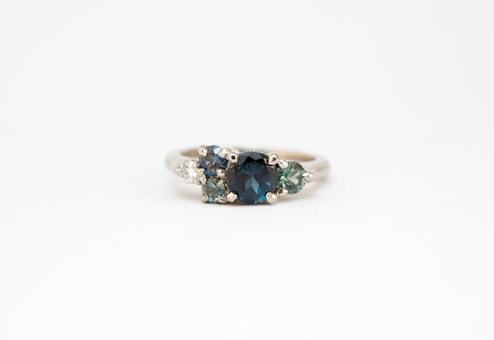Melbourne made, ethically sourced sapphires in 18ct white gold bespoke cluster engagement ring 
