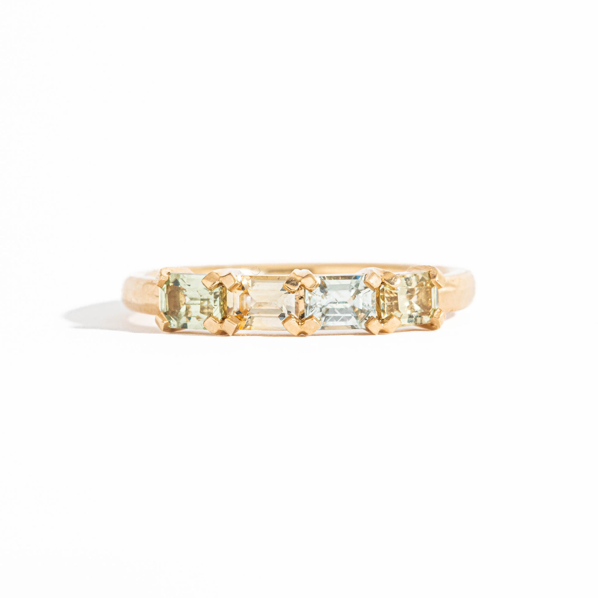 Four Stone Blue, Green and Peach Sapphire Ring in 18ct Yellow Gold