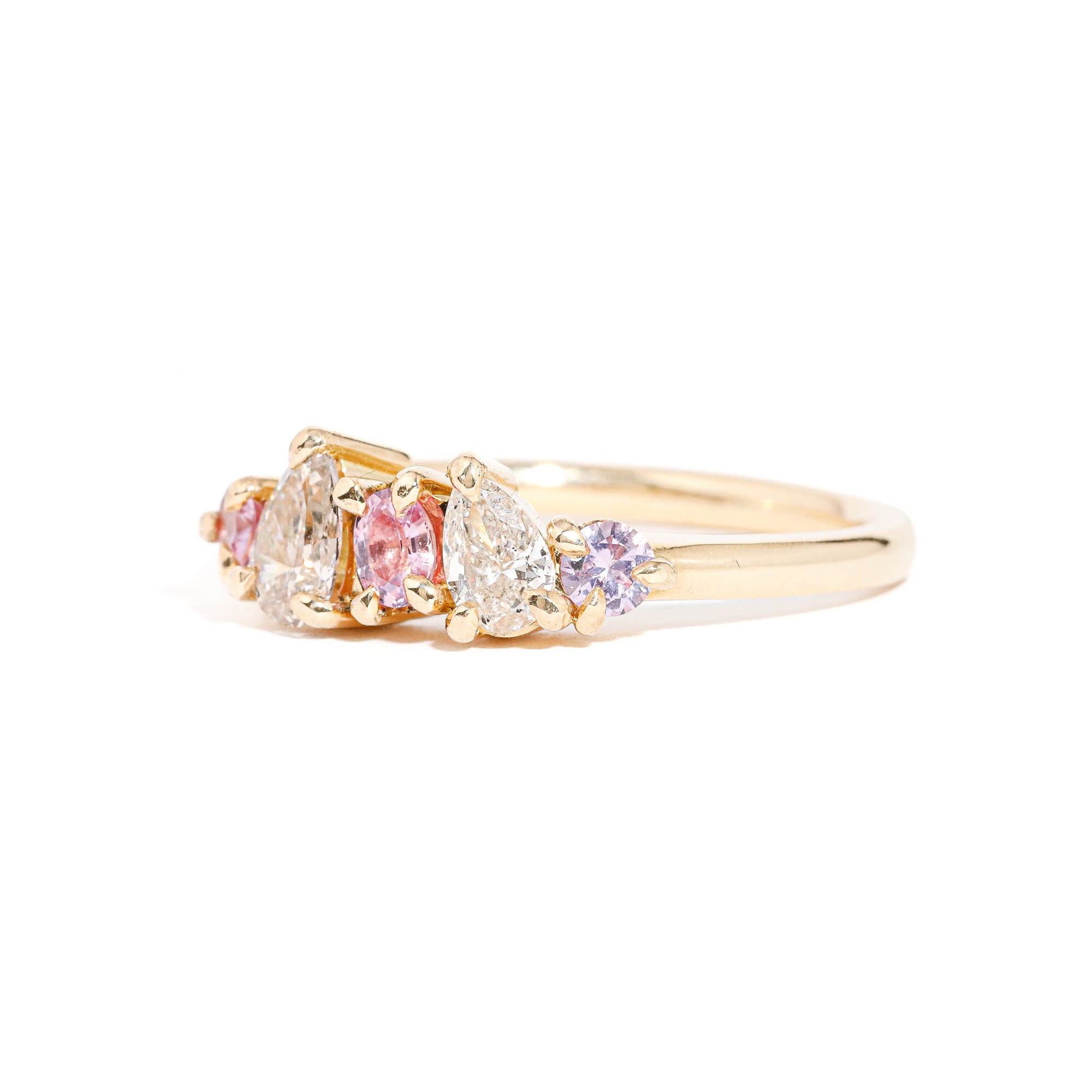 Pear Cut Diamond and Pink Sapphire Cluster Ring in 18ct Yellow Gold