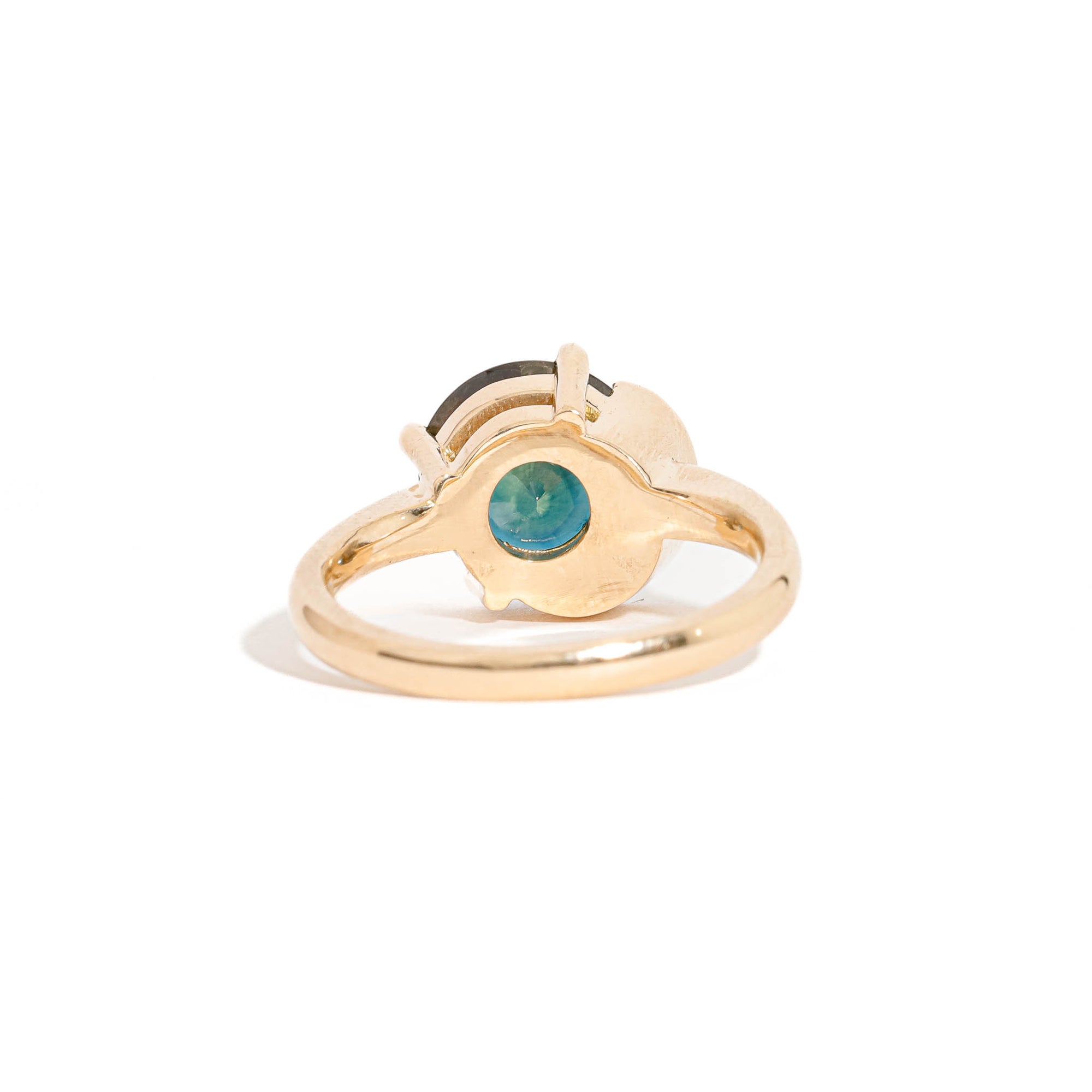  Round Brilliant Cut Teal Sapphire with Half Halo of White Diamonds in 18 Carat Yellow Gold
