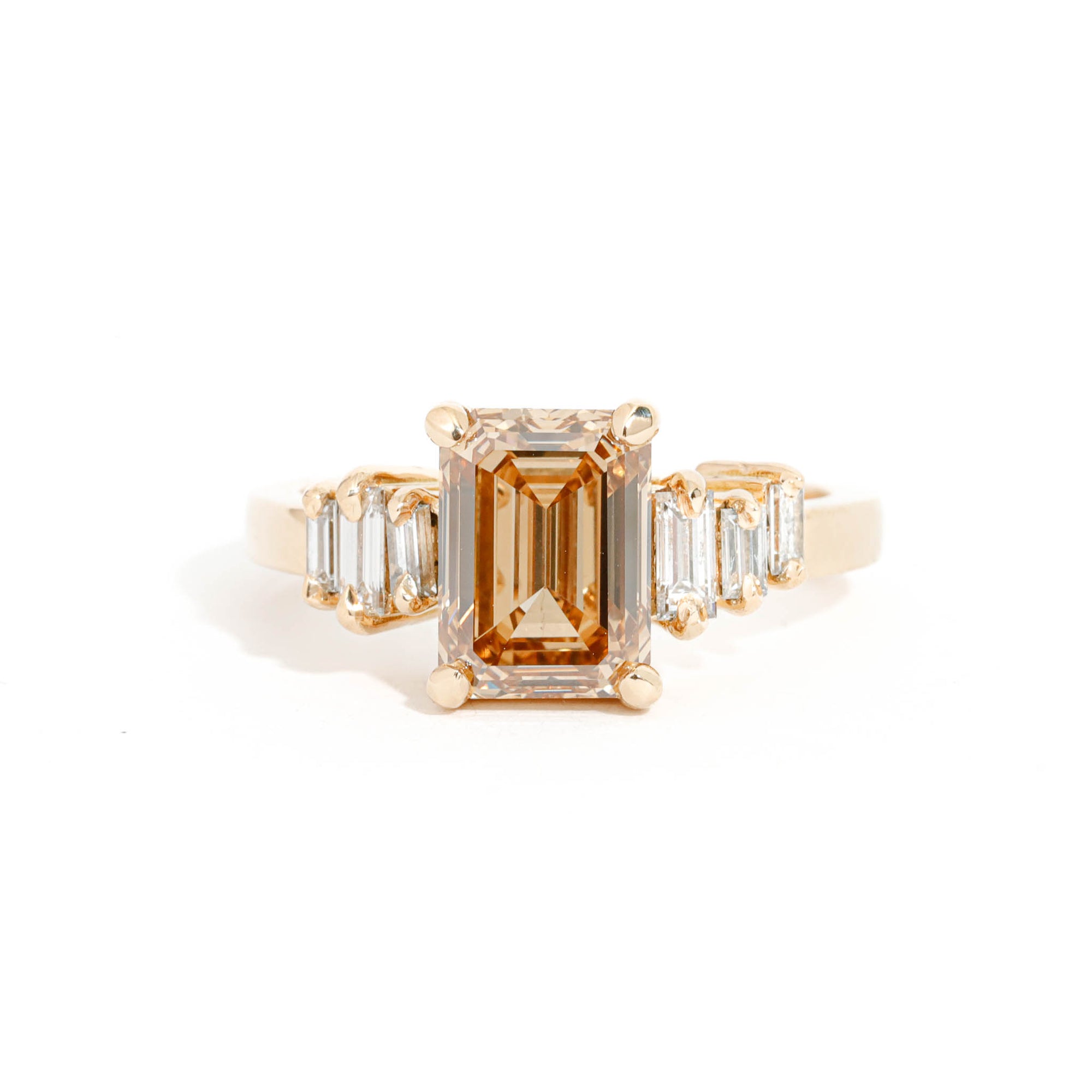 Emerald Cut Champagne Diamond Ring with a Diamond Band in 18 Carat Yellow Gold