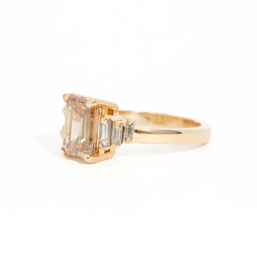 Emerald Cut Champagne Diamond Ring with a Diamond Band in 18 Carat Yellow Gold