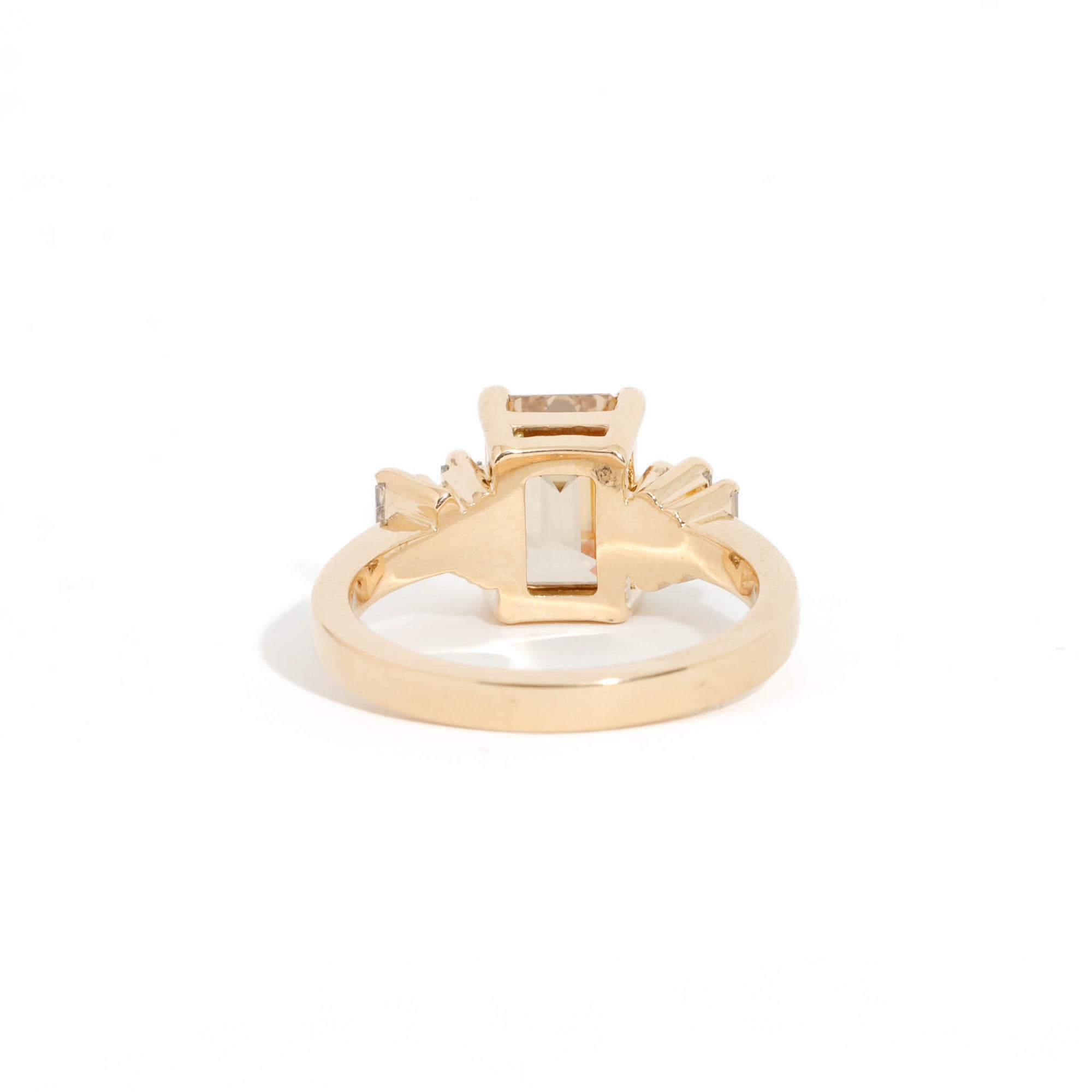 Emerald Cut Champagne Diamond Ring with a Diamond Band in 18 Carat Yellow Gold