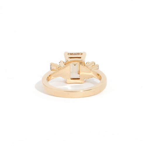 Emerald Cut Champagne Diamond Ring with a Diamond Band in 18 Carat Yellow Gold