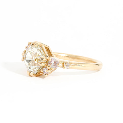 Cushion Cut Champagne Diamond and Pink Diamond Ring in 18 Carat Yellow Gold 