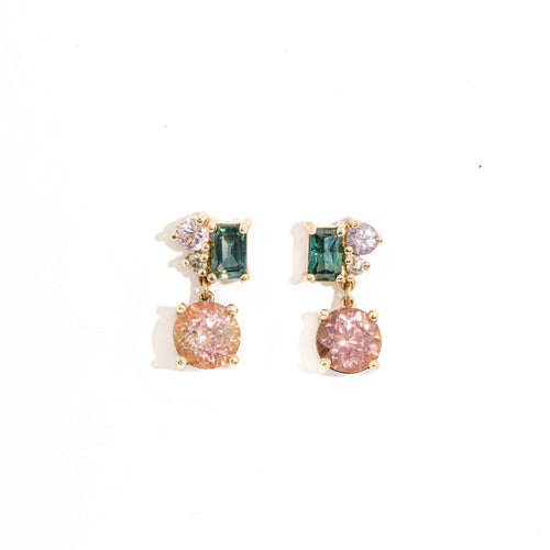 Emerald Cut Blue/Green Sapphire, Round Cut Light Pink Sapphire, Round Cut Champagne Diamond and Round Cut Oregon Sunstone Earrings in 9 Carat Yellow Gold